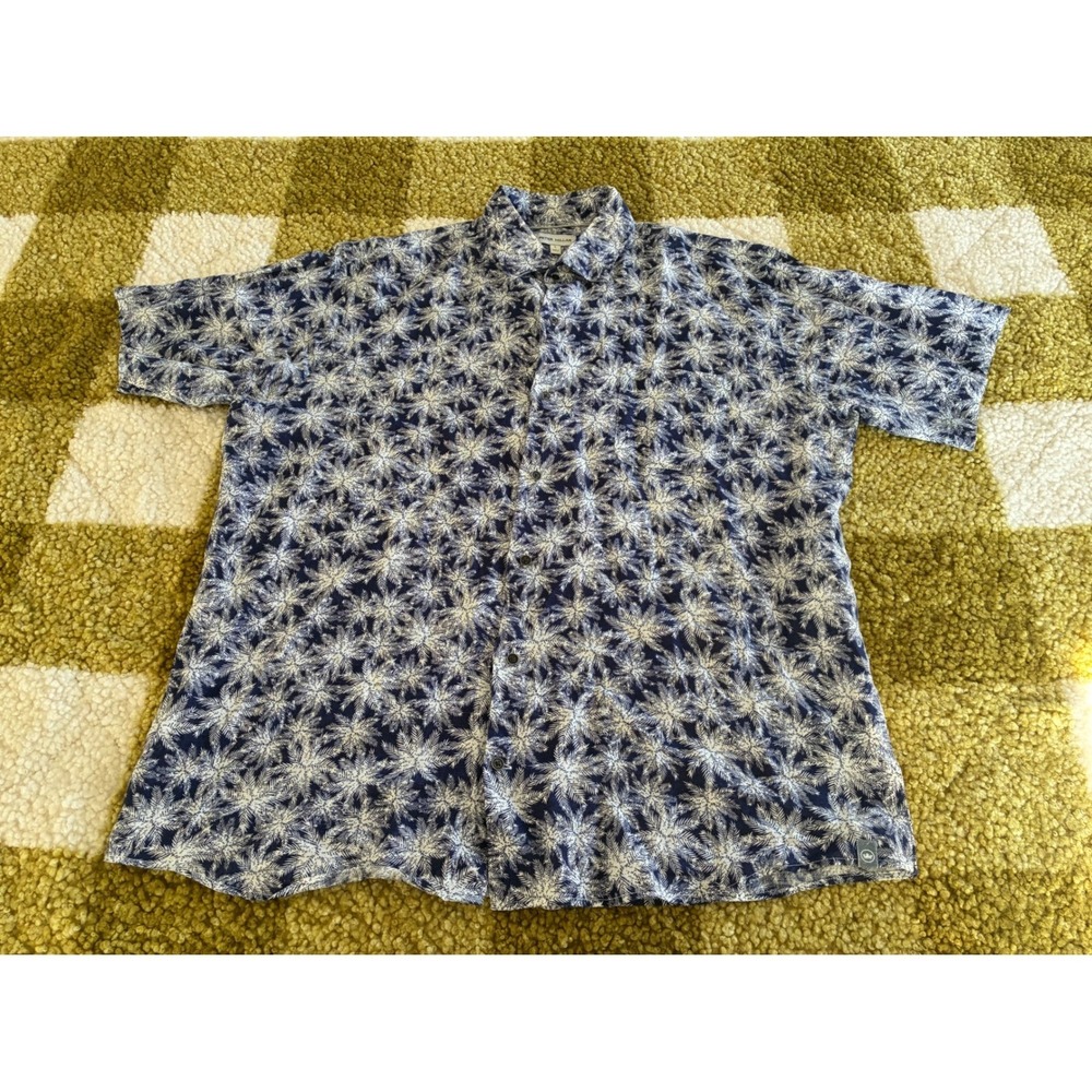 Peter Millar Men Large Blue White 100% Linen Palm Print Short Sleeve Button Down